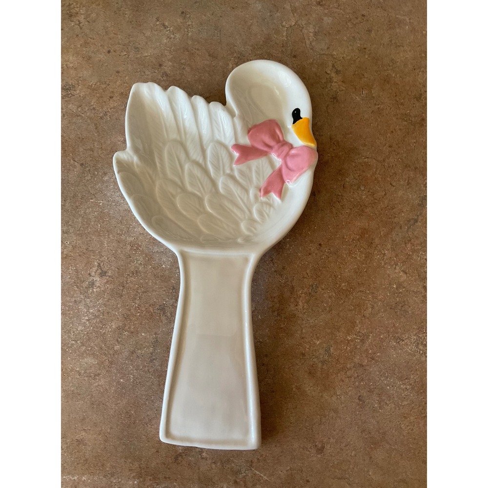 Vintage Style White Ceramic Swan Spoon Rest Pink Bow Kitchen Decor cottage